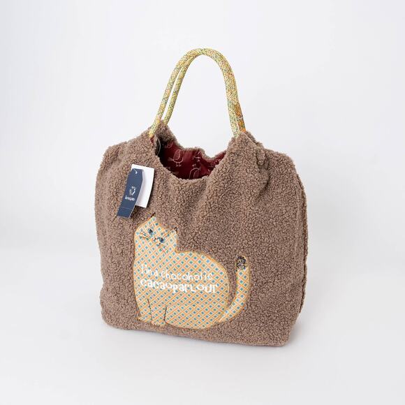 Cozy Teddy Fleece Cat Appliqué Tote Bag - Kusuguru Japan - Picture 4 of 9